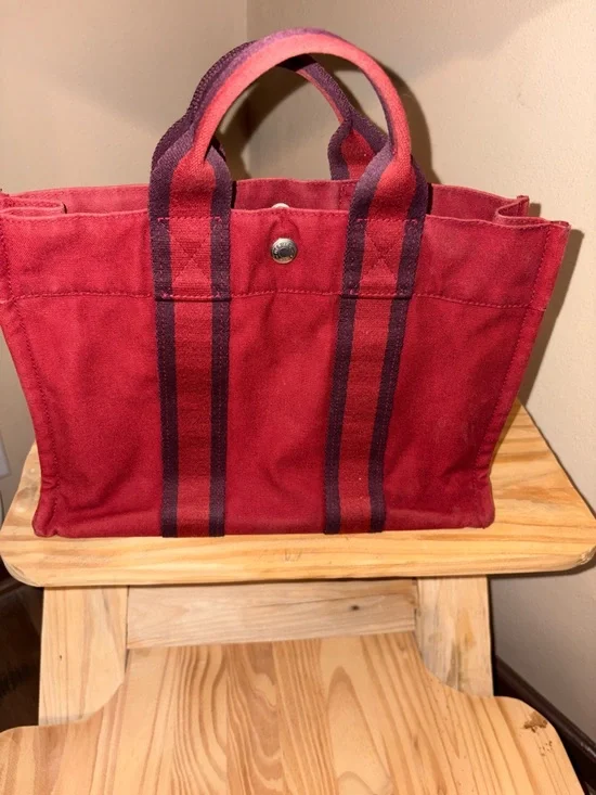 Hermes Fourre Tout PM Red Canvas Tote with Dark Stripe Handles EUC Vintage - Picture 9 of 13